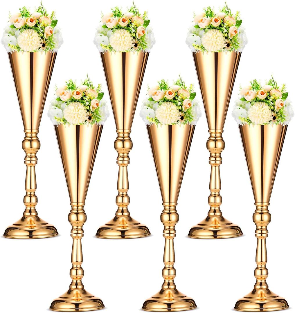 Potchen 6 Pcs Flower Trumpet Gold Vase Tabletop Centerpiece Gold Tall Flower Vases Bulk Wedding Table Decorative Centerpiece Table Decorations Arrangements for Floral Party Anniversary Birthday(L)