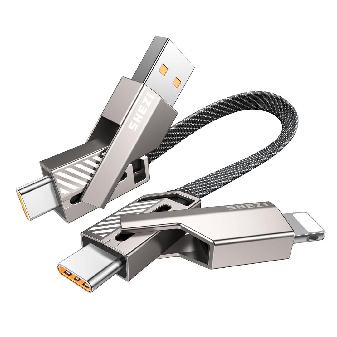 SHEZI [Upgraded 2.0] 4-in-1 Short USB C Cable 60W 0.6FT Fast Charging [480Mbps Data Sync] Flat Nylon Braided Charger Cord Combo, USB A/C to C/L Multi Charge Cable for iPhone/iPad & Most Devices, Grey