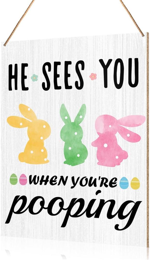 Funny Easter Bunny Bathroom Decor Easter Rabbit He Sees You When You're Pooping Hanging Wooden Signs for Bathroom Toilet Restroom Decorations