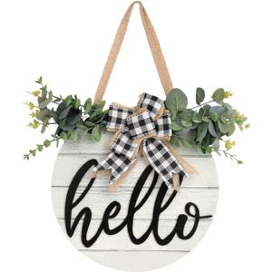 3D Hello Spring Wreaths for Front Door | White Horizontal Round Wreaths | Housewarming Gift | Farmhouse Wood Door Hanger for Home Decor Indoor and Outdoor, Classroom, Yard, Porch Decor