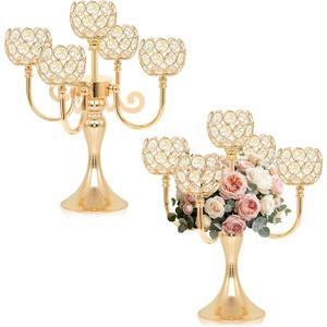 5 Arm Metal Crystal Candelabra Centerpiece - 13.4 Inch Elegant Candle Holder with Crystal Beads for Wedding Party Christmas Home Dining Table Decoration (2, Gold)