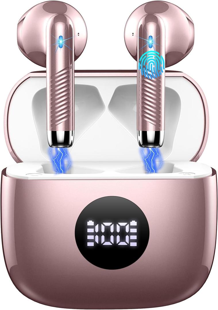 Wireless Earbuds, Bluetooth 5.4 Headphones HiFi Stereo, in Ear Earphones with 4 ENC Noise Cancelling Mics, 40H Playback Ear Buds with Mini Case, IP7 Waterproof Headset with LED Display for Android iOS (Rose Gold)