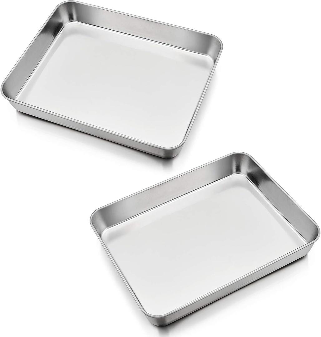 P&P CHEF 9.3 Inch Stainless Steel Sheet Cake Pan, Rectangular Baking Pan for Lasagna Brownie Meats, Cookie Tray Fits in Toaster Oven, Easy Clean & Heavy Duty (2Pcs)