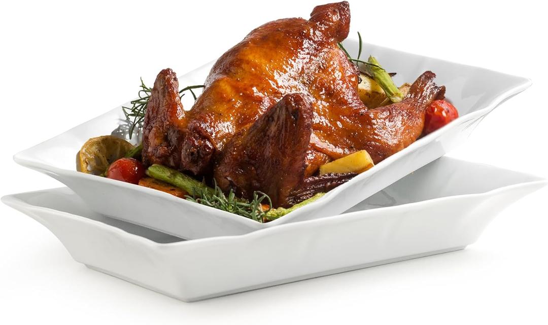 YHOSSEUN Turkey Platters for entertaining Serving Bowls Set of 2, Ceramic Serving Dishes for Thanksgiving, White Serving Platter for Turkey, Rectangular Baking Dishes and Roasting Pan