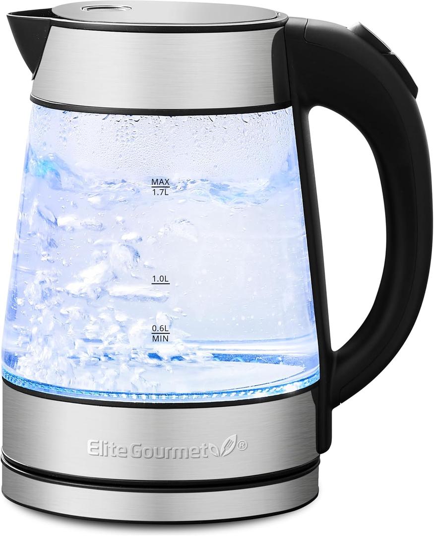 Elite Gourmet EKT-602 Electric BPA-Free Glass Kettle, Cordless 360 Base, Stylish Blue LED Interior, Handy Auto Shut-Off Function  Quickly Boil Water For Tea & More (1.8 Quarts, Stainless Steel/Glass)