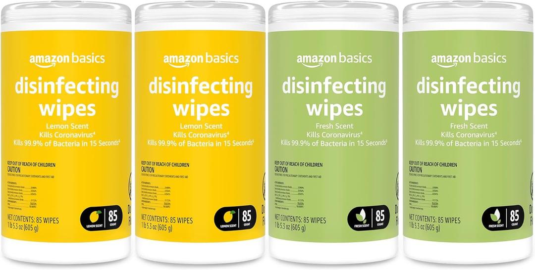 Amazon Basics Disinfecting Wipes, Lemon & Fresh Scent, Sanitizes/Cleans/Disinfects/Deodorizes, 340 Count (4 Packs of 85)