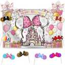 Allenjoy Princess Mouse Party Decorations Set - 11 Piece Kit with 59"x35" Backdrop, 2 Headbands, 8 Photo Booth Props, Decor Supplies, Favors for Girls Daughter Kids Fans Teens