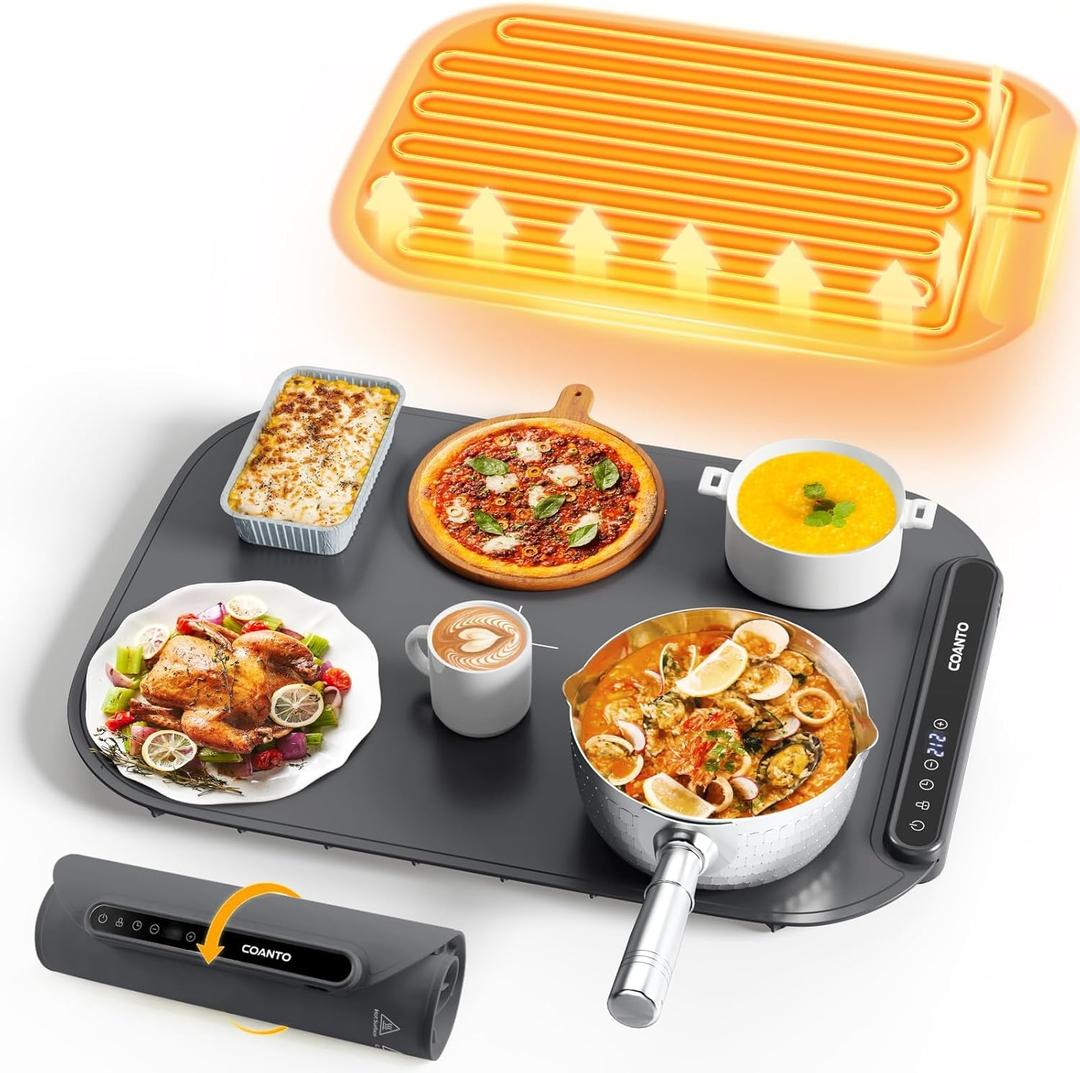 Food Warming Mat, Food Warmers for Parties Buffet, Silicone Heating Mat with 7 Temperature Settings, Roll-Up Storage, 17.91"x12.8", Grey (Dark Gray)