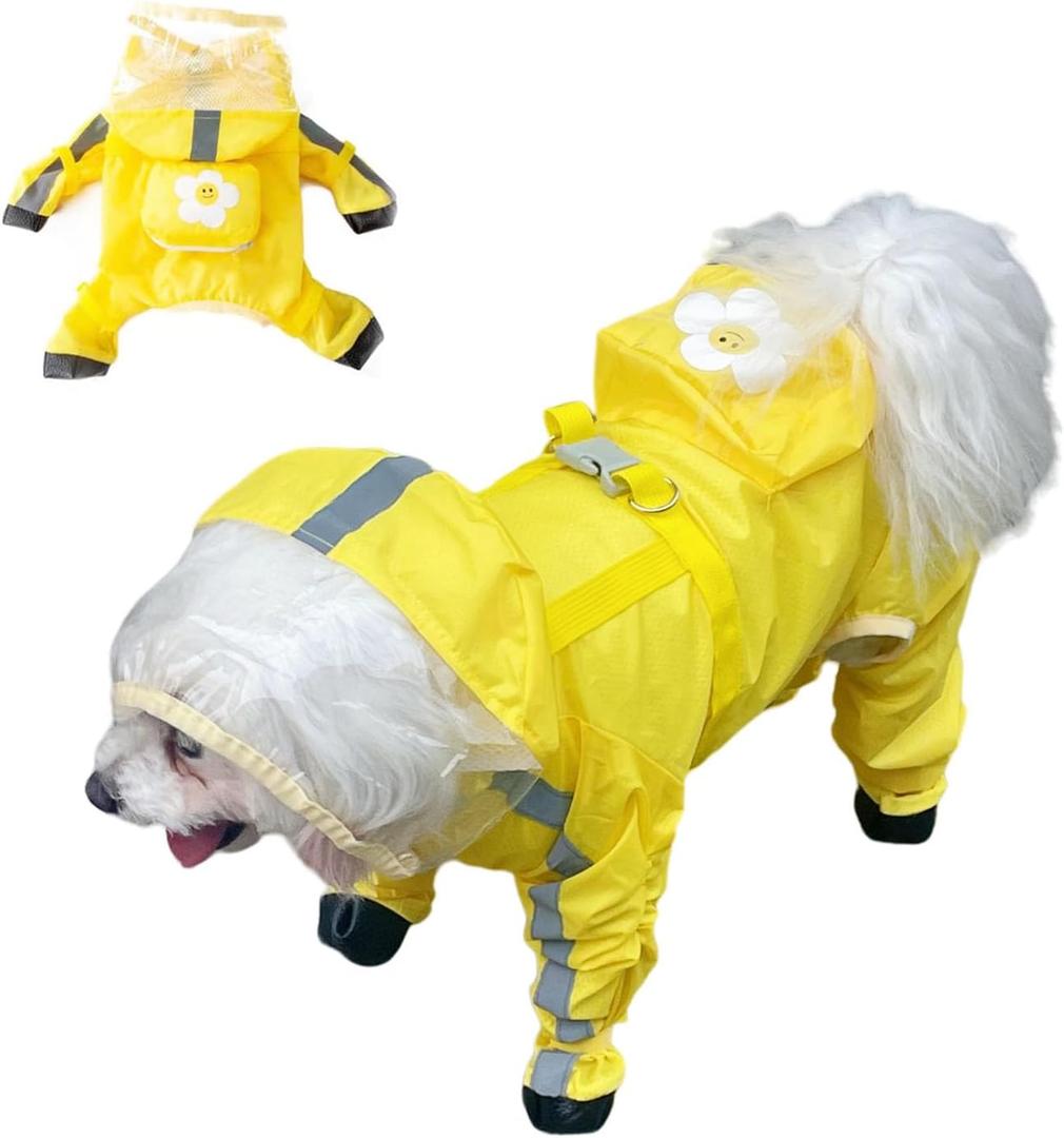 Yeduzyn Dog Raincoat with Boots,Waterproof Dog Raincoats with Hood for Small Medium Large Dogs,Raincoat with Reflective Strap, Lightweight Rain Jacket with Leash Hole (Yellow Flower, Medium)