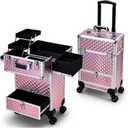 Rolling Makeup Case with Drawer Cosmetology Case on Wheels Makeup Trolley Sliding Drawer Makeup Travel Case for Esthetician, Mobile Stylist, Manicurist Barber Case Traveling Cart Trunk Glitter Pink (EXP 07/14/32)
