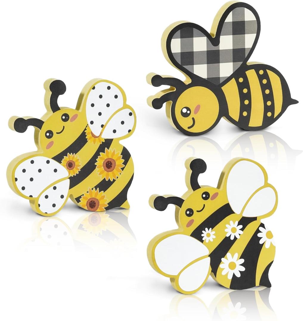 Putuo Decor 3 Pcs Bee Wooden Table Sign Honey Bee Wood Table Decor Sweet Bee Centerpiece Spring Tabletop Block Signs Farmhouse Bee Tiered Tray Decor for Home Kitchen Shelf Party Favors