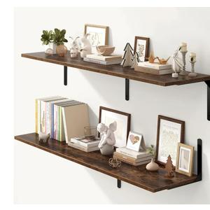 Fun Memories Rustic Brown 12 Inch Deep Floating Shelves Set of 2, Wall Mounted Shelf with Metal Brackets, Rustic Wood Wall Shelf for Bathroom, Kitchen and Living Room, Rustic Brown, 55W x 12D