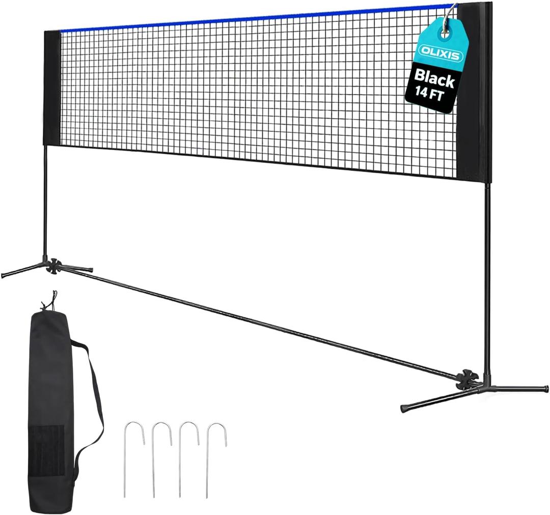OLIXIS Portable Badminton Net, 2-5 FT Height Adjustable Volleyball Net, Badminton Net with Carry Bag, Volleyball Net, Pickball Net, Backyard Game Indoor Outdoor Use, 14FT