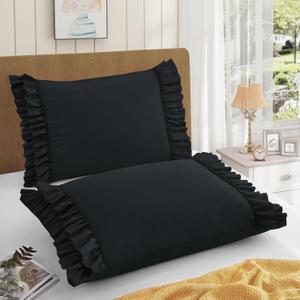RUDONG M Ruffled Pillow Cases Set of 2, Standard Microfiber Pillowcases, Decorative Ruffle Pillow Covers with Envelope Closure, 20x26 Inches Black Boho Pillow Shams