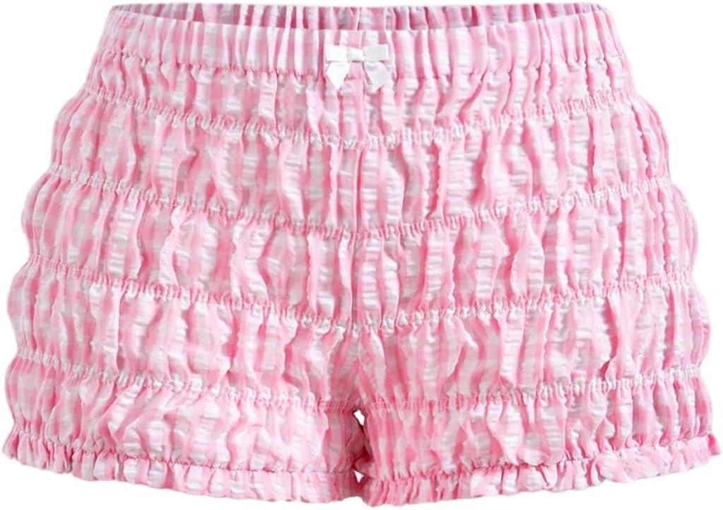 SOLY HUX Women's Ruffle Shorts Plaid Y2k Lace Bloomers Elastic Waist Frill Bottoms Gingham Micro Boyshorts (Pink, XL)