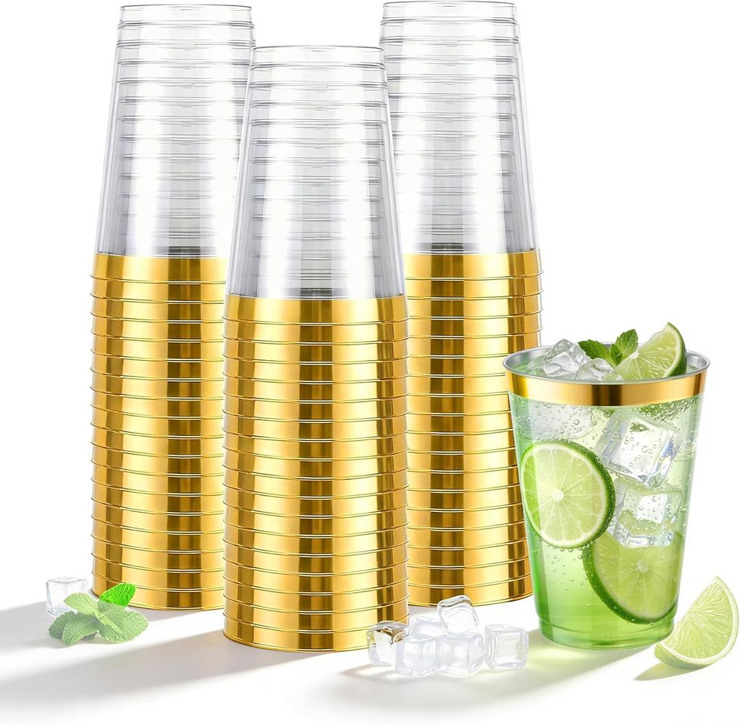 N9R 72PCS Gold Plastic Cups, 12OZ Clear Plastic Cups with Gold Rim, Disposable Cups Perfect for Parties, Wedding and Birthday