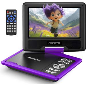 POFOTO 9.5" Portable DVD Player for Kids and Car with 7.5" Swivel Screen, 4-6 Hours Working Time, Car DVD Player with Dual Speakers, Remote Control, Support Sync TV, Region Free USB/SD/AV - Purple