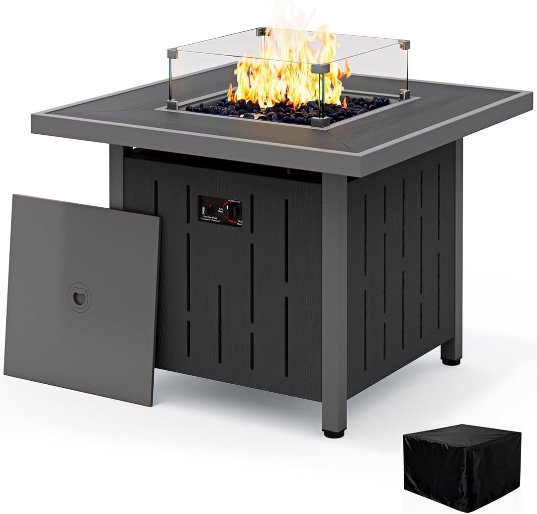 SERWALL 33" Outdoor Fire Pit Table, 50,000 BTU Square Propane Fire Pit Table with Lid, Glass Rock & Glass Wind Guard, HDPE Outdoor Furniture for Patio, Garden, Backyard, Black
