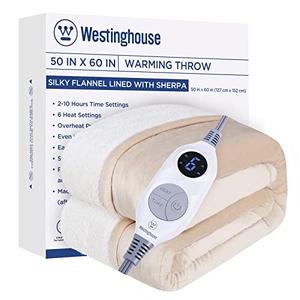Westinghouse Heated Throw Blanket, Electric Blanket Throw with 6 Heating Levels and 2-10 Hours Time Settings, Flannel to Sherpa Super Cozy Heated Blanket Machine Washable, 50x60 inch, Beige