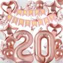Rose Gold 20th Birthday Decorations for Girl Women, 20 Year Old Sign with Happy Birthday Banner, 40In Number 20 Foil Birthday Balloons, Butterfly Decorations, Heart and Star Balloons