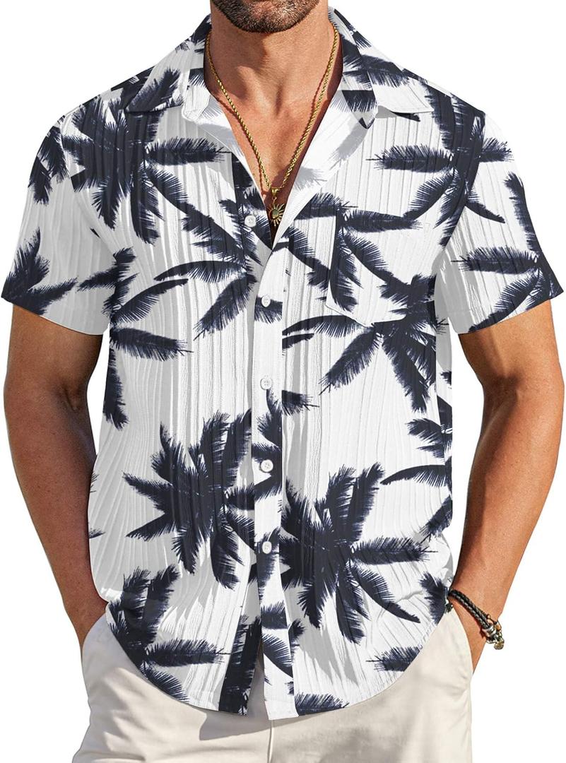 COOFANDY Men's Casual Button Down Shirts Short Sleeve Textured Summer Beach Shirt with Pocket (Blue, L)
