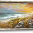 Framed Beach Wall Art Picture:Sunset Coastal Wooden Painting Ocean Sea Wave Artwork Seaside Seascape Grass Print Decor for Living Room Bedroom 24x12 inch (24L" x 12W")