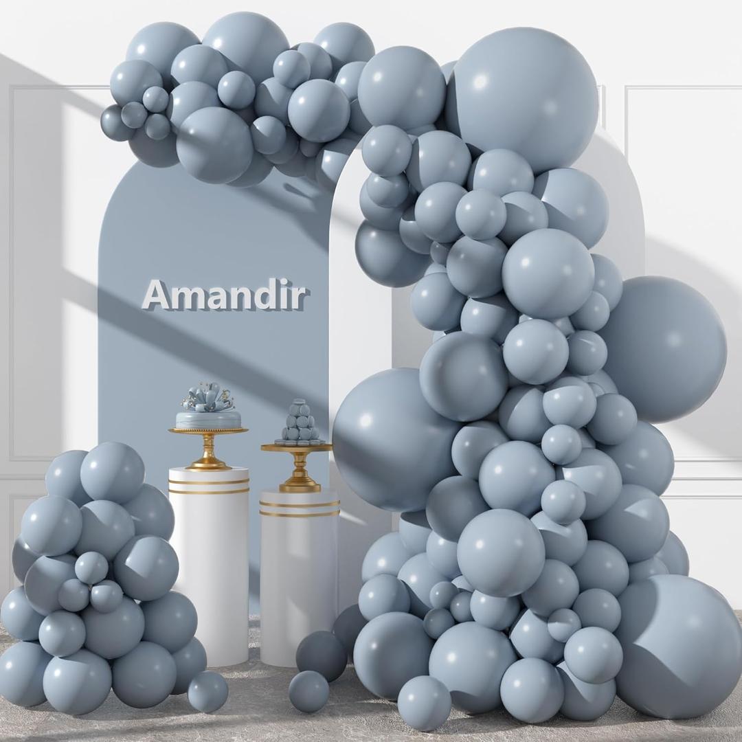 Amandir 153pcs Dusty Blue Balloons Arch Garland Kit Different Sizes 18 12 10 5 Inch Haze Pale Blue Latex Matte Balloon for Birthday Baby Shower Gender Reveal Wedding Engagements Party Decorations