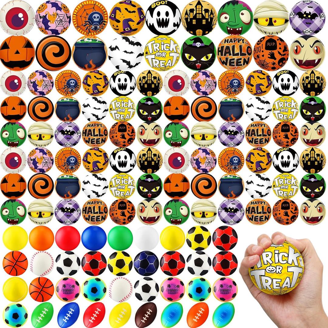 Meooeck 108 Pcs Halloween Mini Stress Balls Bulk 2.5'' Pumpkin Ghost Sport Squeeze Balls Stress Relief Sensory Fidget Foam Toy Basket Goodie Stuffers Gift for Halloween Party Favor Kids Adults Prizes