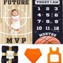 SUKOON Monthly Milestone Blanket for Baby Boy/Girl | Basketball Theme | Includes Frame and Bib | Large | 47"x40" | Personalized Baby Month Blanket for Newborn Baby Shower