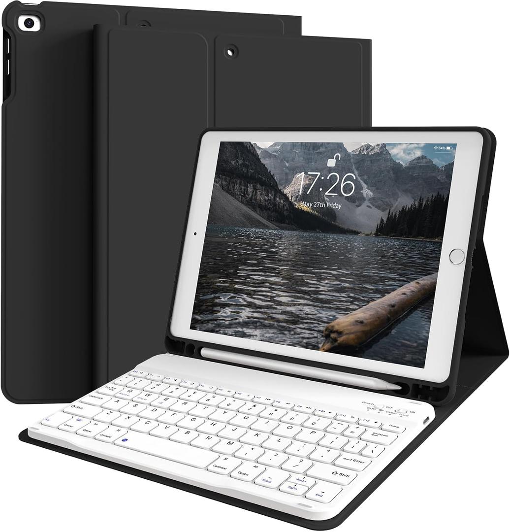kenke for iPad 6/5th Generation Case with Keyboard 9.7 Inch 2018/2017 iPad Air 2/1, Detachable Wireless Bluetooth iPad Keyboard Case with Built-in Left Side Pencil Holder Auto Wake/Sleep (Black)