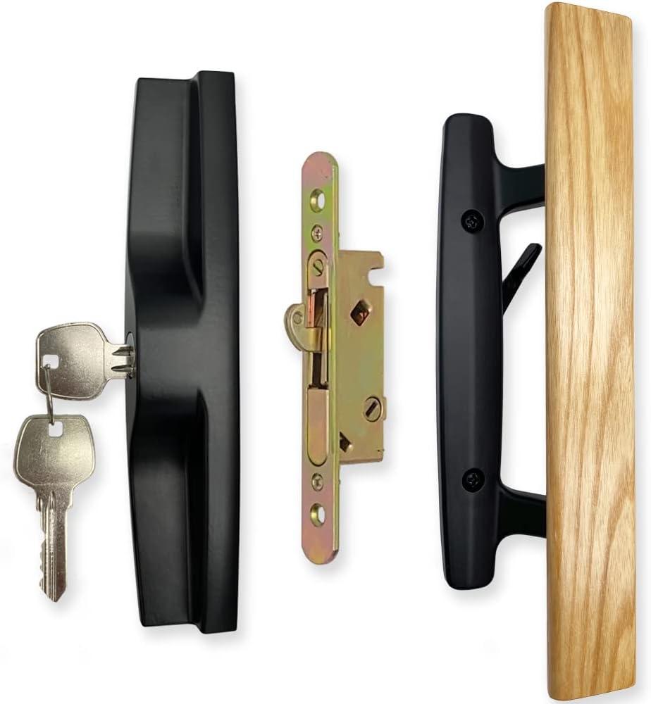 Sliding Patio Door Handle Set with Mortise Lock, Key Cylinder and Face Plate, Wood Handle Lock Set Fits Door Thickness from 1-1/2" to 1-3/4", 3-15/16" Screw Hole Spacing, Black