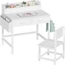 BOLUO White Kids Desk and Chair Set for 5-8 Year Old, Small Child Desk with Fabric Drawer, Children Study Table with Storage Girls Boys