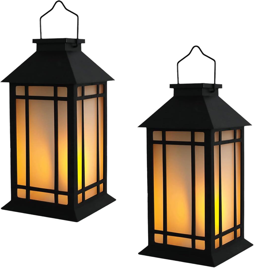13-Inch IP65 Waterproof Battery-Powered Outdoor Lantern with Led Flameless Candle and 6-Hour Timer - Decorative Lantern for Patio & Garden(2 Pack) (Black)