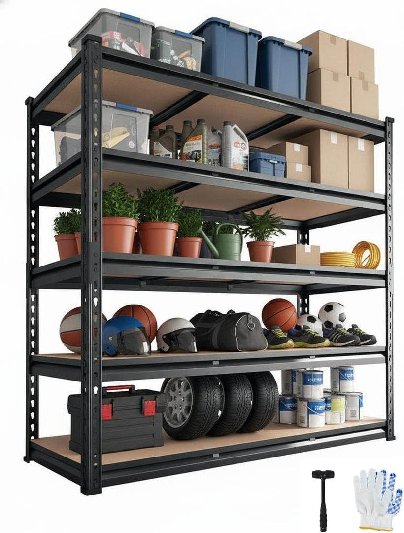 GarveeTech 5-Tier Heavy Duty Garage Shelving Units, Adjustable Storage Shelves,48x24x72 Inch Loads 2000 LBS,Adjustable Garage Storage Shelving, Metal Storage Utility Rack Shelf Unit (Black)