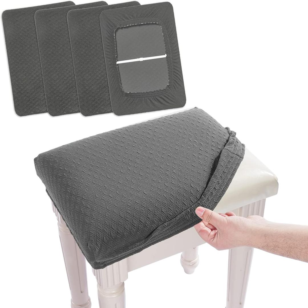 BUYUE 4 pcs Vanity Stool Bench Covers, Luxury Crease-Resistant Jacquard Fabric Saddle Bar Stool Slipcovers Stretch Washable, (Rectangle, 4 Counts, Gray)