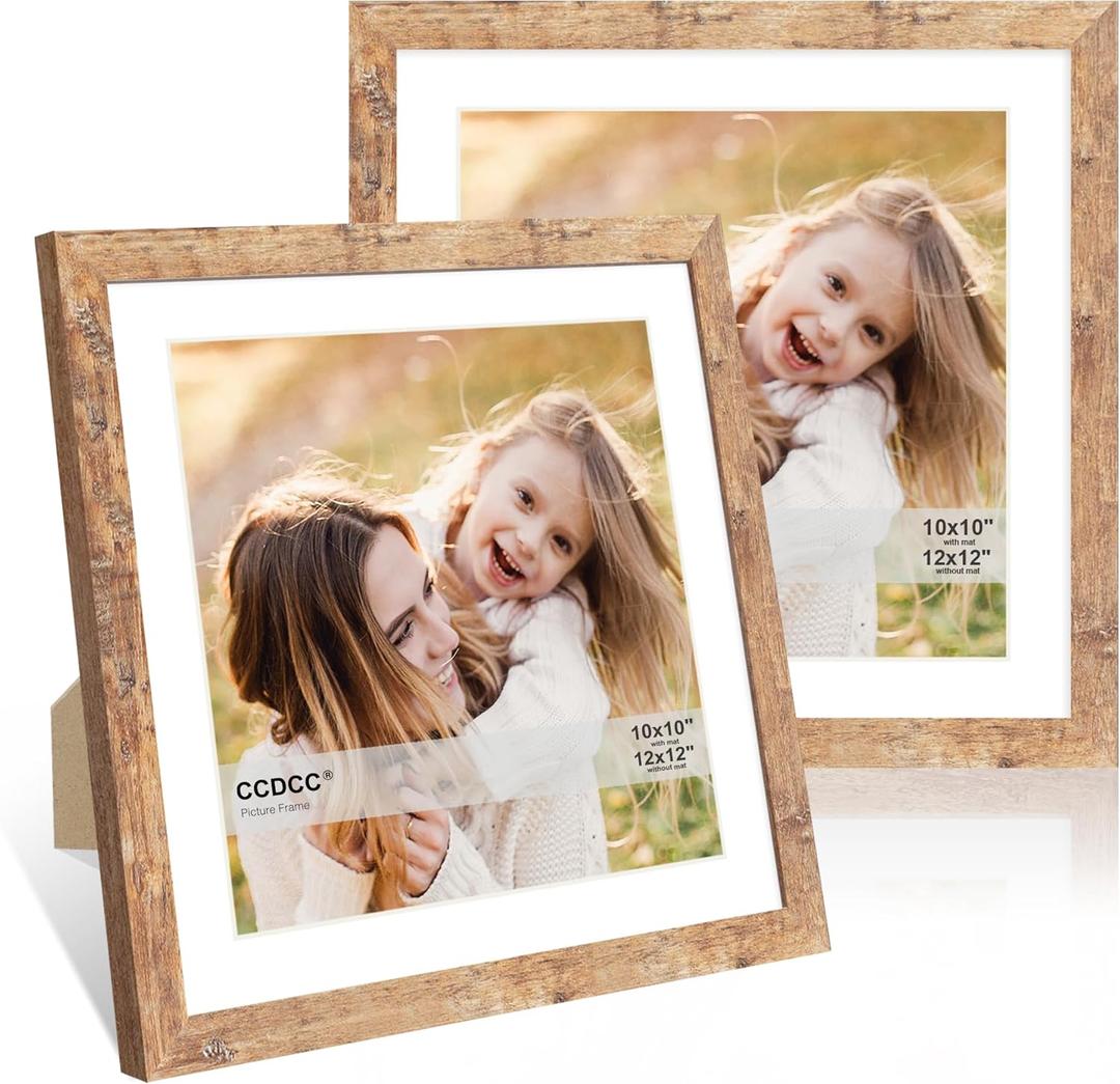 12x12 Picture Frame Set of 2, 12 x 12 Wood Photo Frames with Mat for 10x10 or 30x30cm Diamond Art Painting, Wooden Frame with Real Glass Cover for Wall and Tabletop Display,Brown