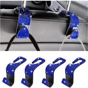 Bling Car Seat Headrest Hooks, 4PCS Crystal Rhinestone Vehicle Back Seat Hanger Holder for Handbags Purses Coats, Automotive Headrest Storage Organizer, Universal for RV SUV Truck (Blue)