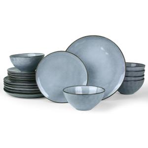 Famiware Ocean Round Plates and Bowls Set, 18 Pieces Dinnerware Sets, Dishes Set for 6, Reactive Glaze, Microwave and Dishwasher Safe, Scratch Resistant, Blue
