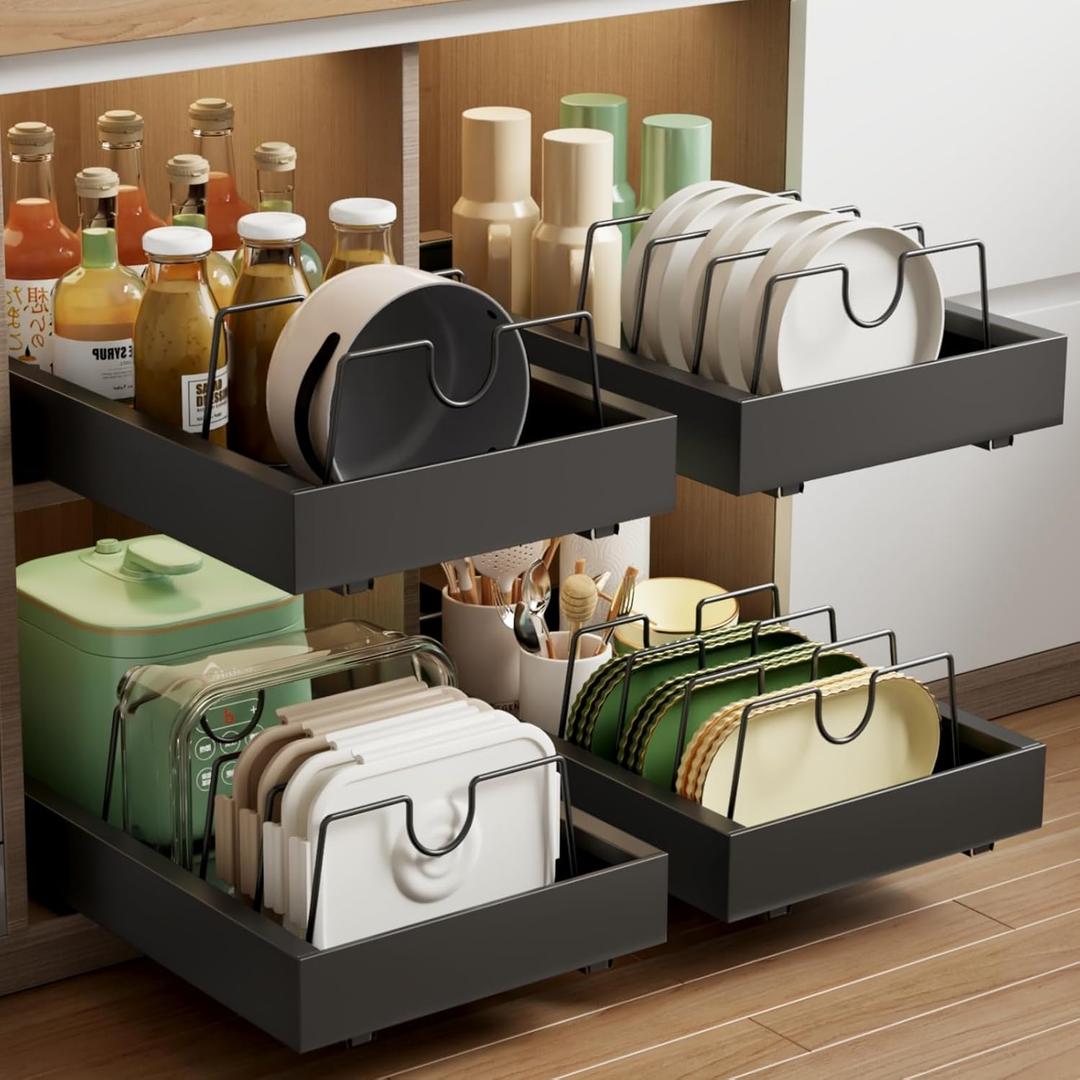 2 Pack Pull Out Cabinet Organizer with 8 Dividers,21.8" Deep Slide Out Drawers for Cabinets Adhesive Pull Out Drawers Heavy Duty Pull Out Shelves for Kitchen, Cupboard, Pantry, Bathroom-Black