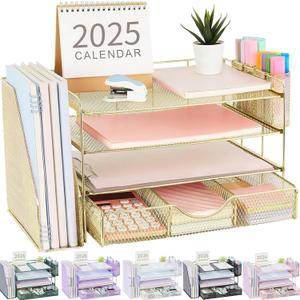 Gianotter Desk Organizers and Accessories with File Holder, 4-Tier Desk Accessories & Workspace Organizers with Drawer and 2 Pen Holder, Paper Organizer for Office Supplies(Gold)