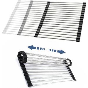 CHIRISEN Expandable Large Roll Up Dish Drying Rack, Foldable Over The Sink Dish Drying Rack, Rolling Dish Drainer Stainless Steel Roll Rack for Kitchen Sink Counter (Black, 21.25x12.79)