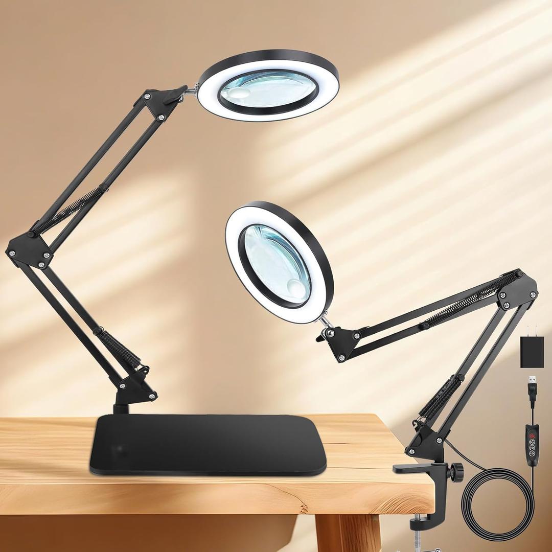 10X 20X Magnifying Glass with Light and Stand and Clamp, 2-in-1 Desk Magnifier for Reading with 3 Color Modes Lighted, Magnifying. Glass with Stand Adjustable Magnifiers with Light Hands Free