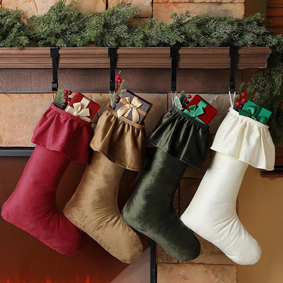 Kinlop 4 Pack 18 Inch Neutral Christmas Velvet Stocking Ruffled Design Large Christmas Stockings with Hanging Loops for Fireplace Xmas Tree Ornament Vintage Holiday Season Party Decorations