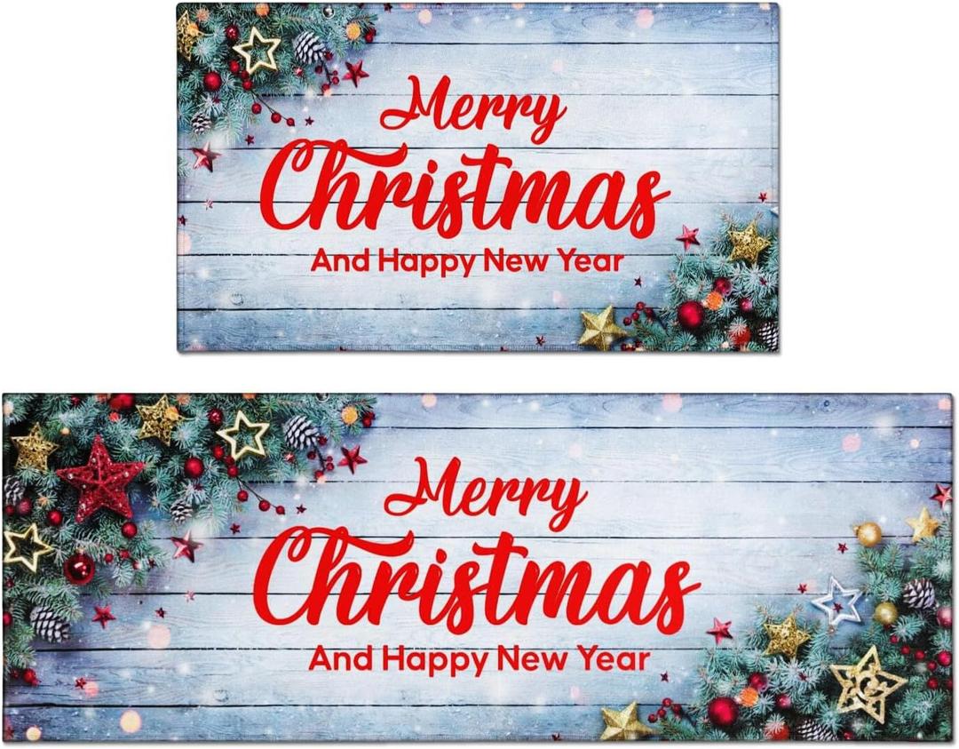 Christmas Kitchen Mats Set of 2, 17x30 + 17x47 Inch Xmas Kitchen Rugs, "Merry Christmas And Happy New Year" Pinecone & Star Decor, Non - Slip Floor Mats for Kitchen, Dining Area Christmas Decoration