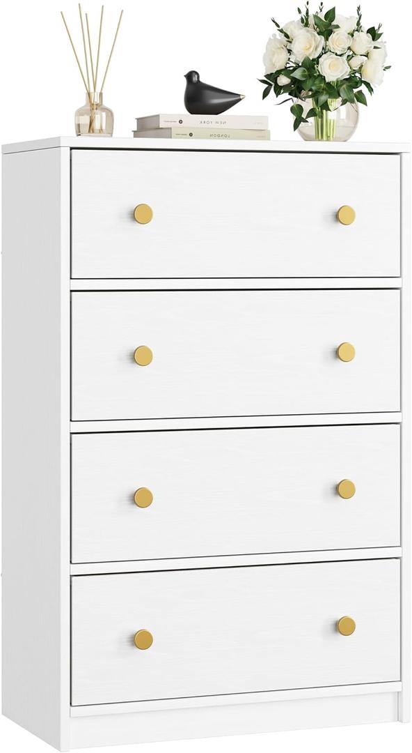 Nicehill White Chest of Drawers with 4 Drawers, Wooden Frame & Gold Handles, Fabric Chest of Drawers for Bedroom, Living Room, Hallway, Entryway, White