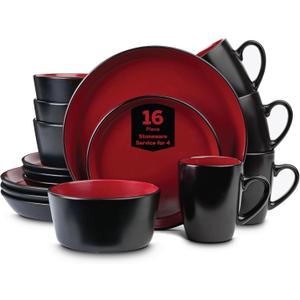 Stone Lain Albie Stoneware 16 Piece Dinnerware Set, Plates and Bowls Sets, Dish Set for 4, Red and Black, Microwave & Dishwasher Safe