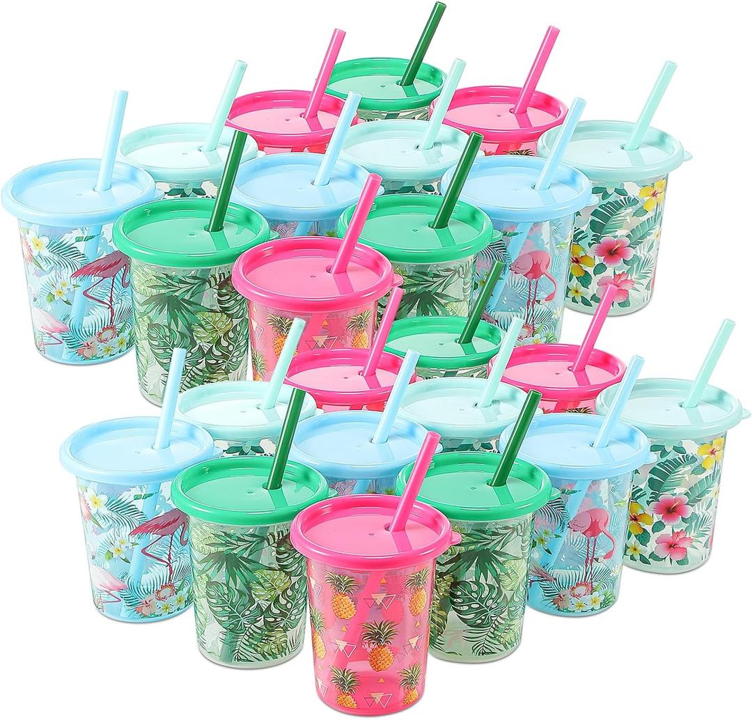 Nuanchu 24 Pcs Hawaii Cups with Straws and Lids 10 oz Tropical Plastic Reusable Cups Palm Leaves Flamingo Pineapple Hibiscus for Summer Party Gift