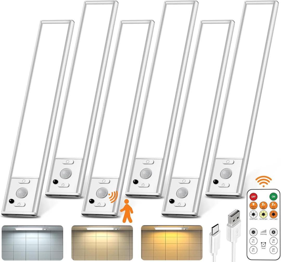 Under Cabinet Lighting with Remote Control,USB Rechargeable 180 Lumen Motion Sensor Light Indoor,Magnetic Wireless Under Counter Light,3 Color Dimmable Closet Lights for Kitchen, Pantry, Stair, 6 Pack (White-9 Inch)
