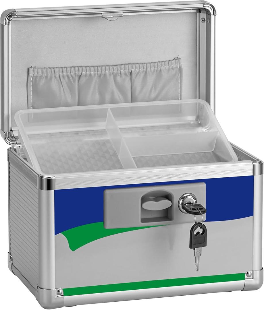 Medicine Lock Box for Safe Medication - 10 x 6 x 6.7 Inches - Lockable Storage Box for Drugs, First Aid Kit Empty, Lock Boxes with Key for Home/Outdoor (Blue/Small)