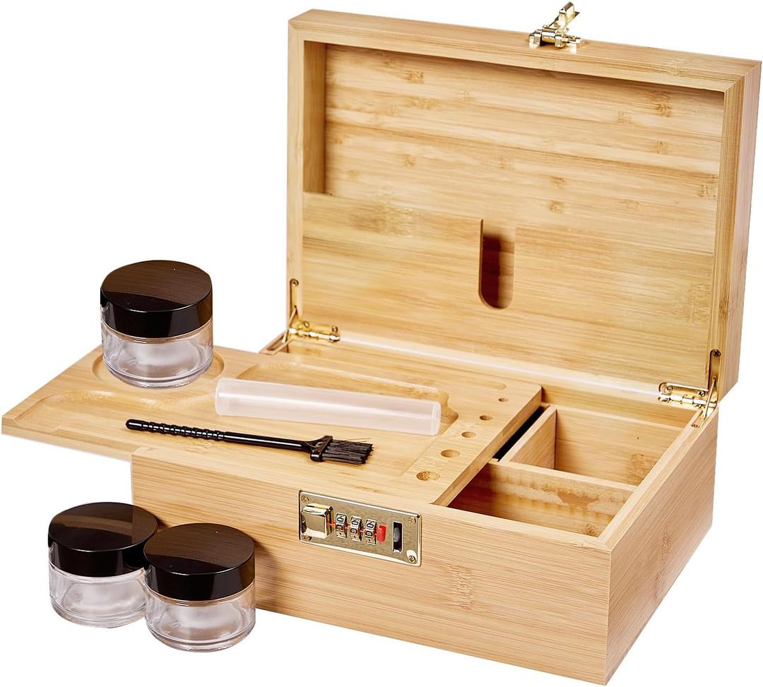 Bamboo decorative box with a removable tray and divided wooden decorative storage box, including jars, brushes, and tubesodour-resistant home organisation and storage container